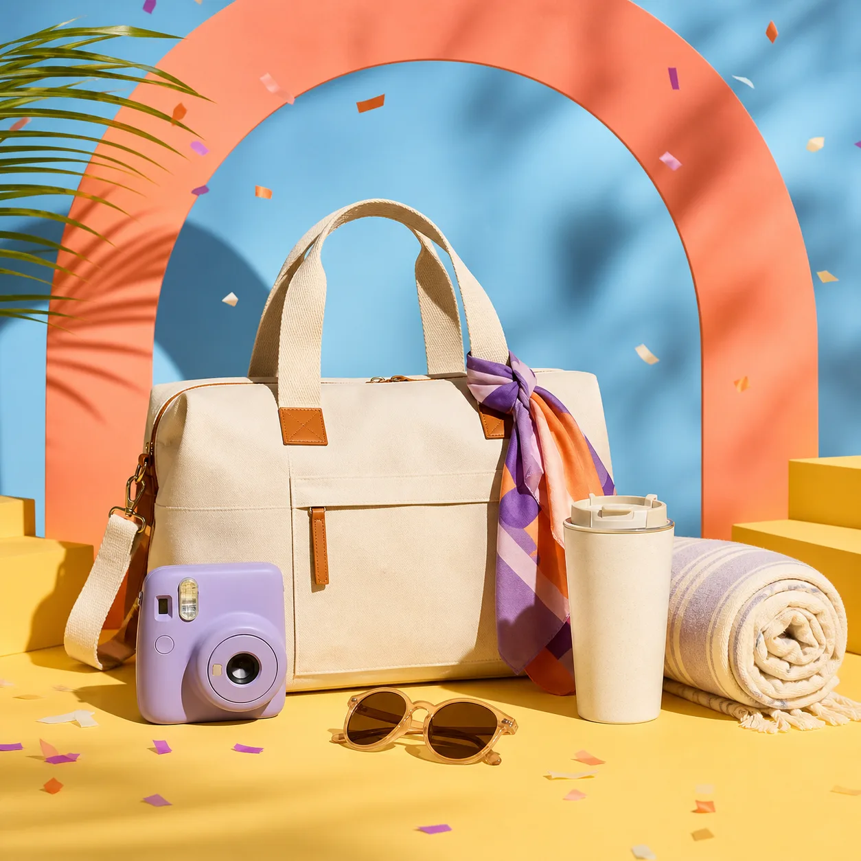 Sac de voyage, appareil photo et accessoires prêts pour une escapade.