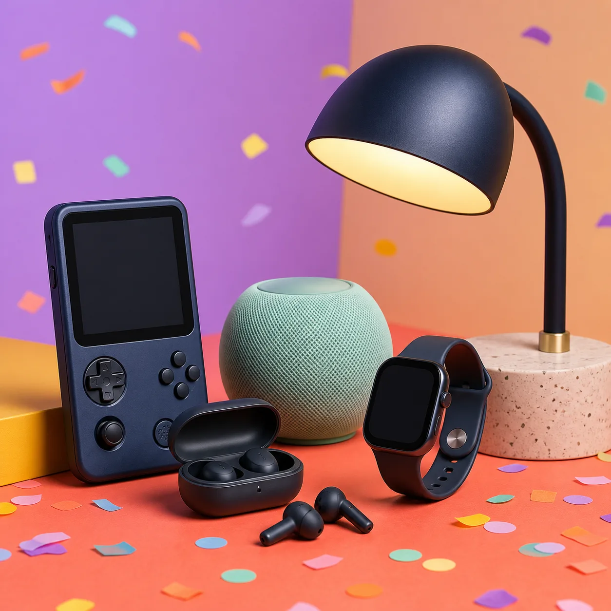 Collection de produits technologiques sur un décor Confetio coloré.