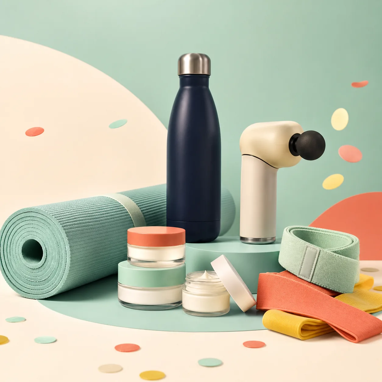Collection moderne de produits bien-être sur un décor menthe et crème.